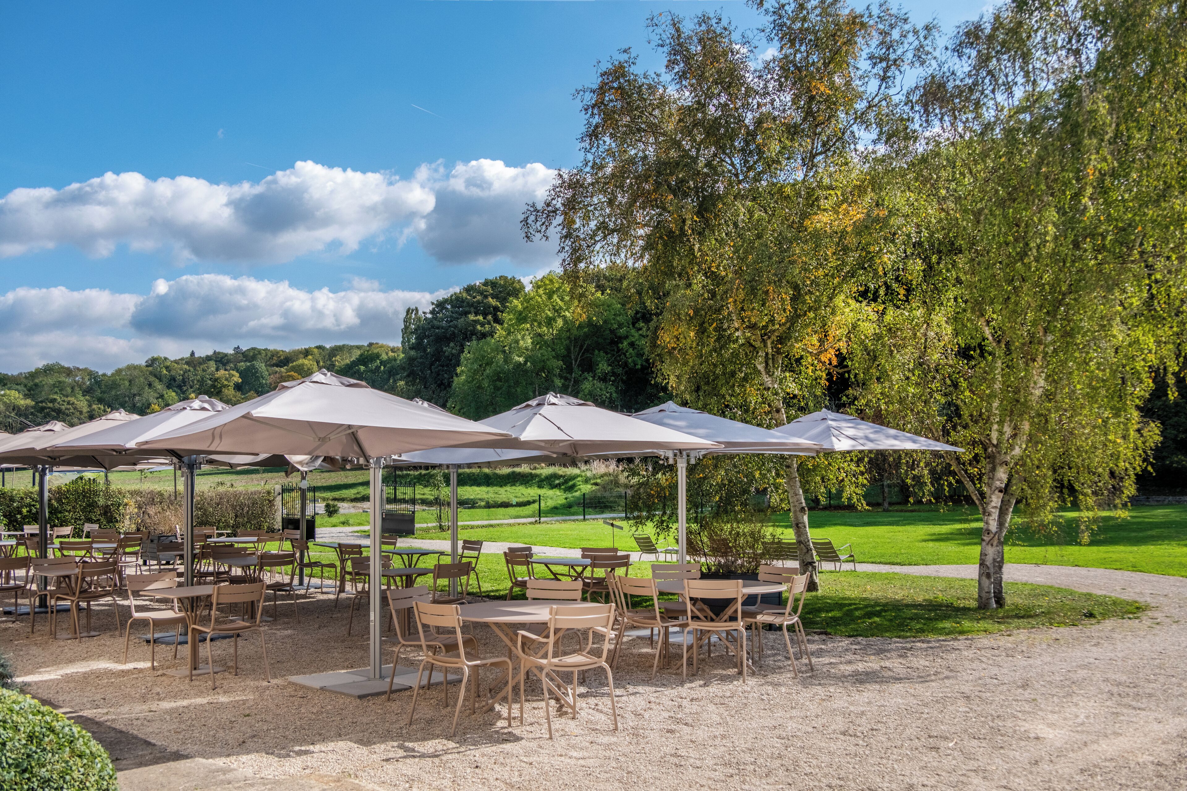An outdoor café with tables and chairs under umbrellas, set against a backdrop of trees and a clear sky.