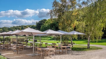 An outdoor café with tables and chairs under umbrellas, set against a backdrop of trees and a clear sky.