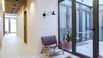 A modern interior with a bench, a potted plant, and a glass door leading to an outdoor area.