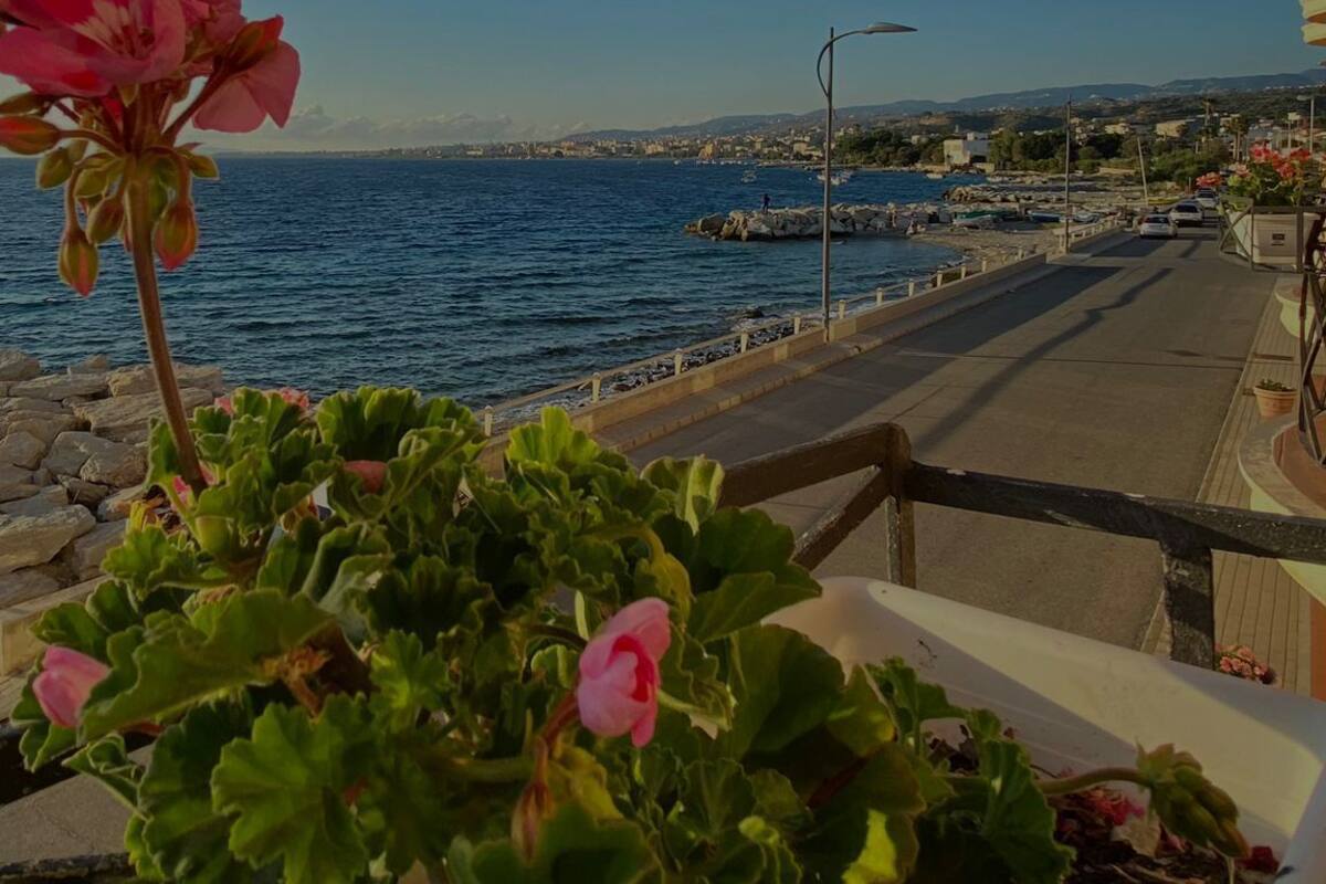 Vista costera amb un passeig pavimentat, un jardí de flors roses i un cel blau clar.