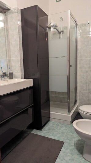 Shower, jetted tub, hair dryer, bidet