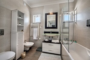 Shower, hair dryer, bidet, towels