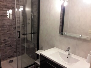 Shower, hair dryer, towels, toilet paper