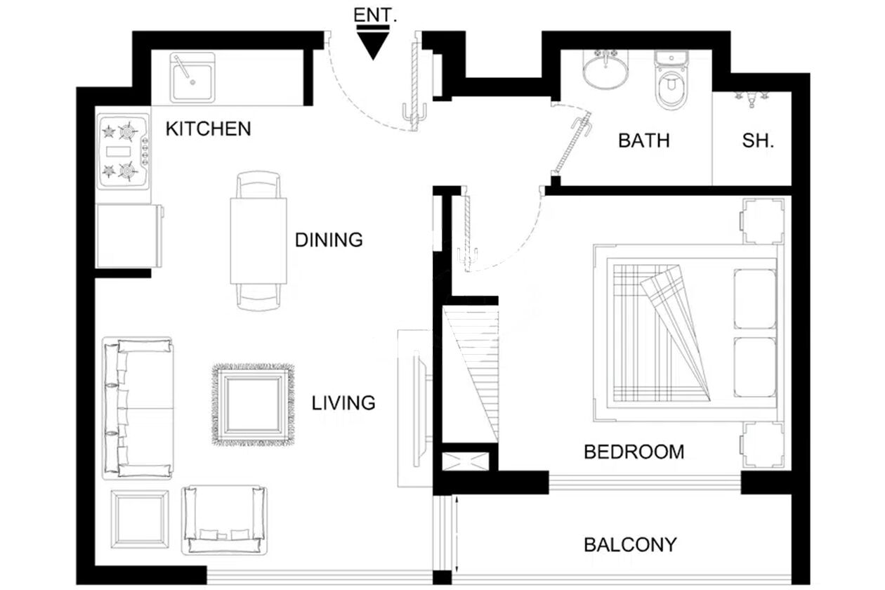 A floor plan of a hotel with labeled rooms including a kitchen, dining area, living room, bedroom, bathroom, and balcony.