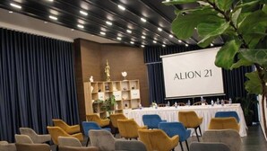 A conference room with a presentation screen labeled 'ALION 21', a long table with chairs, and a decorative shelf with items. - Hotel Alion21 (Durrës)