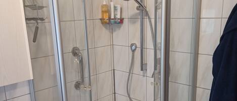 Une cabine de douche fermée par des parois en verre, dotée d’un pommeau de douche à main et d’un robinet mural.