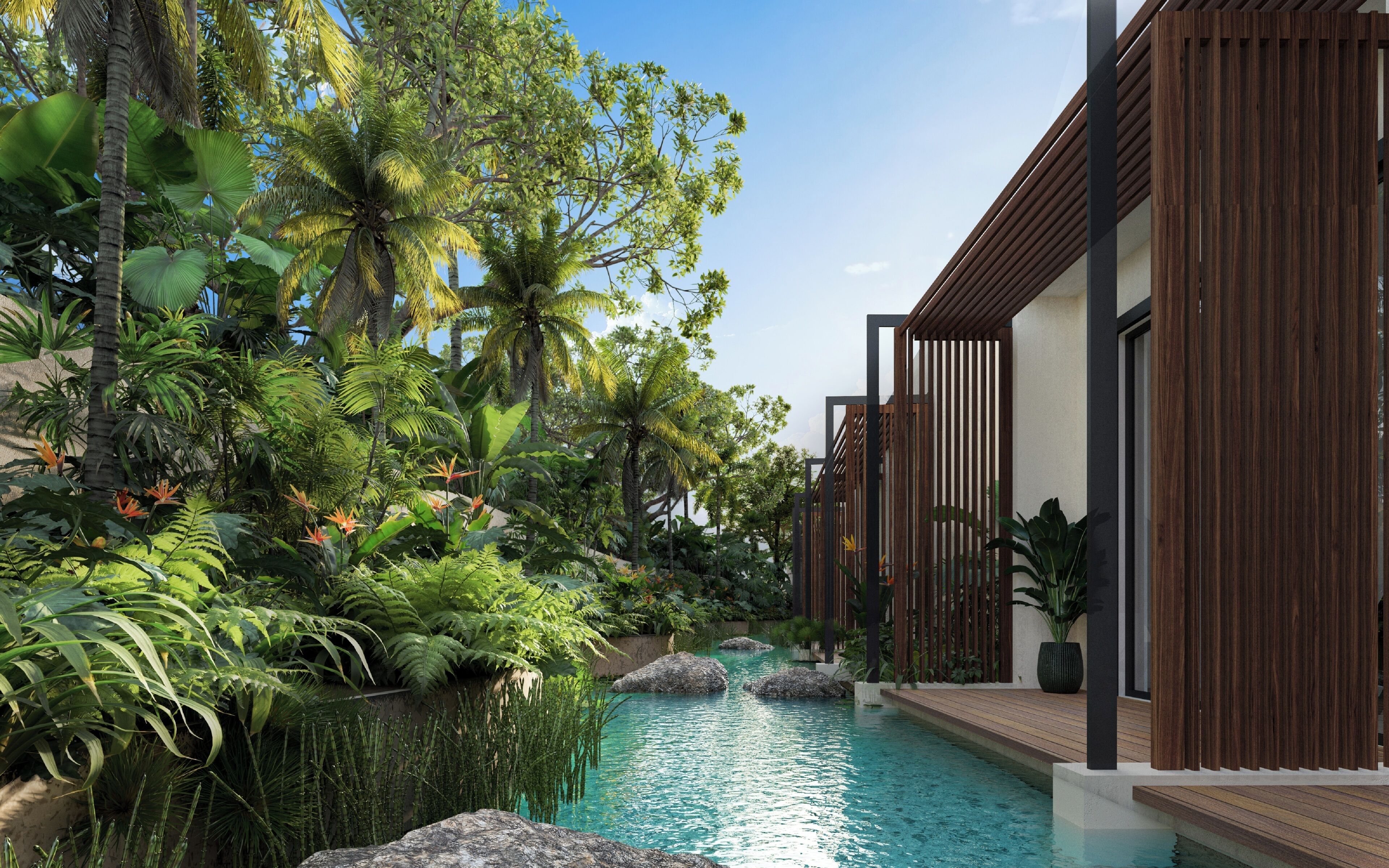 Un área de piscina moderna con plantas tropicales y estructuras de madera.