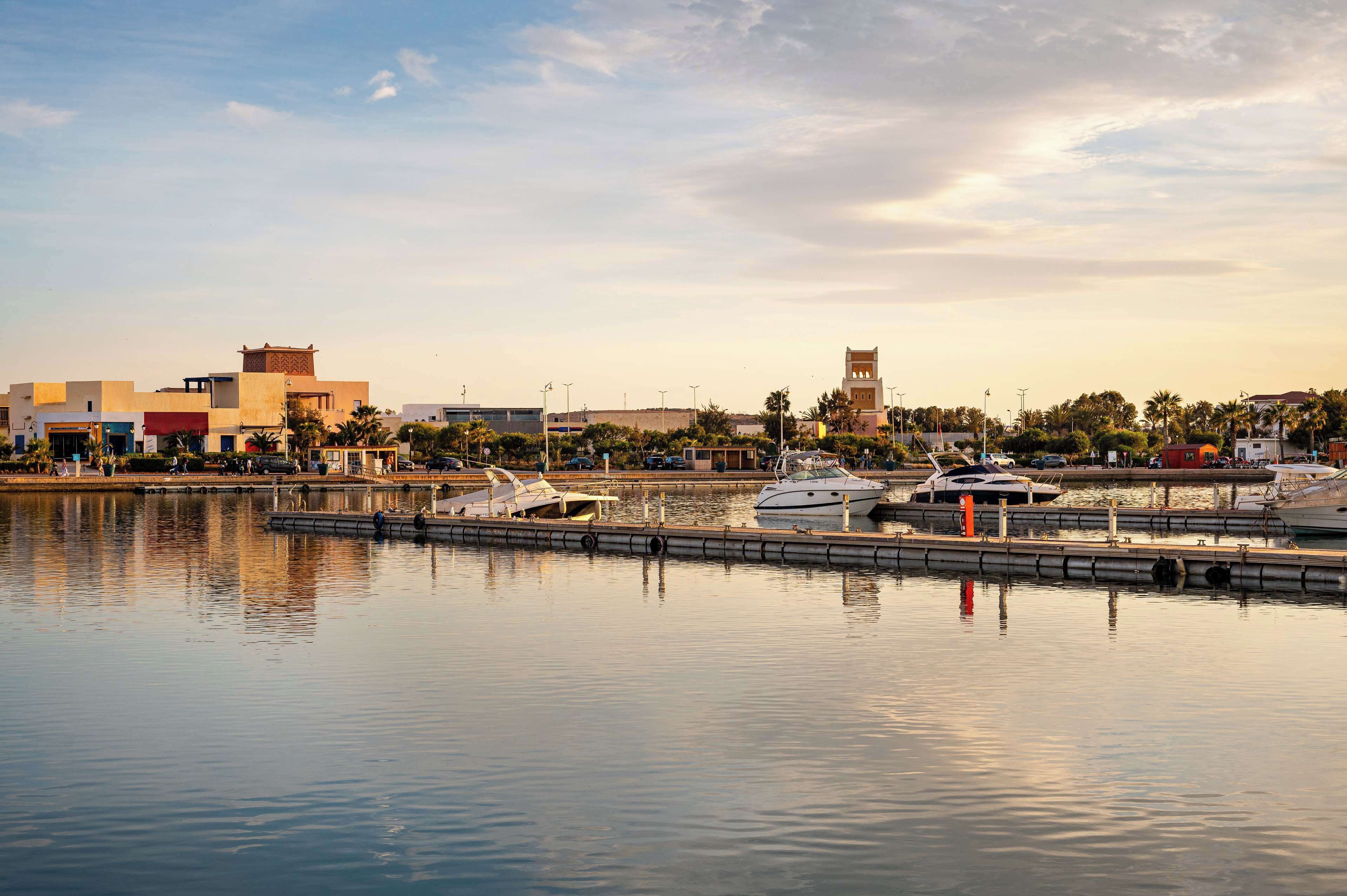 A marina with boats docked, a clear sky, and buildings in the background.