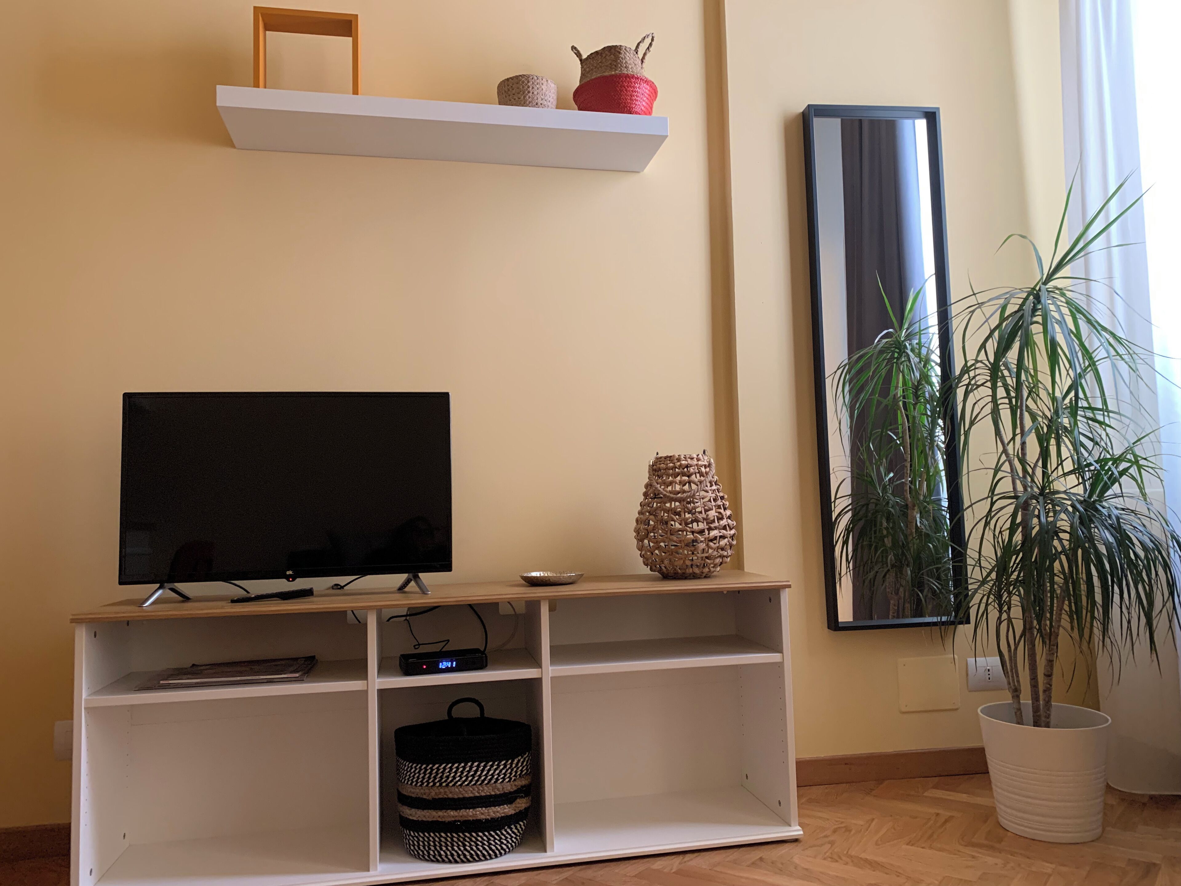 A living room with a TV on a stand, a shelf with decorative items, a large mirror, and a potted plant.