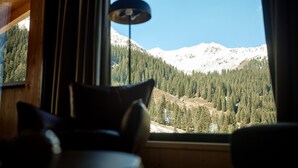 Ein Zimmer mit Blick auf schneebedeckte Berge und einen Wald.