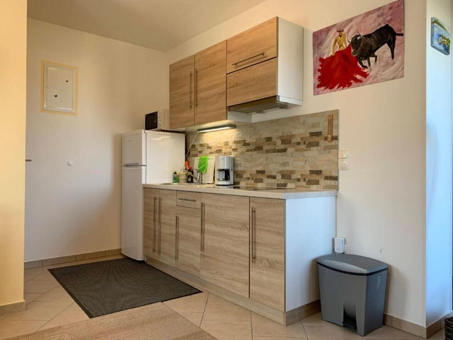 Kjøleskap, mikrobølgeovn, kokeplater og kaffetrakter/tekoker