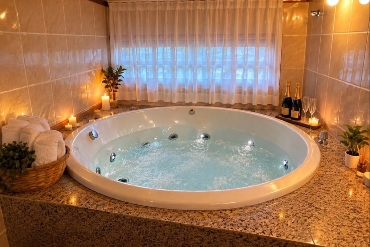 Suite luxueuse | Salle de bain | Baignoire à remous, articles de toilette (gratuits), savon