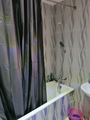 Douche, baignoire à jets, serviettes fournies, savon