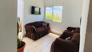 Un salon avec un canapé marron, un téléviseur à écran plat fixé au mur et une fenêtre donnant sur un paysage verdoyant.