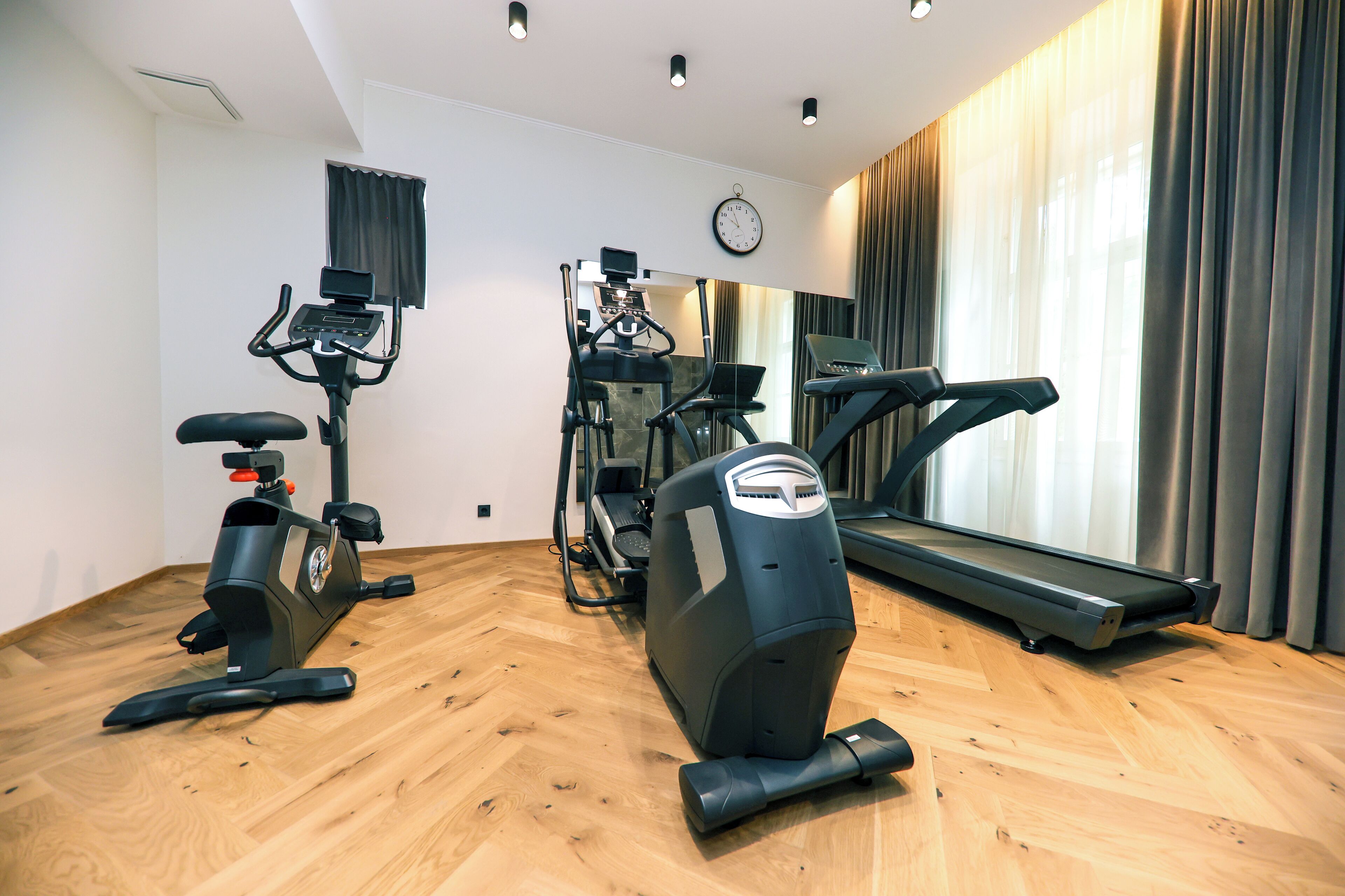 A gym with a treadmill, elliptical, and stationary bike.