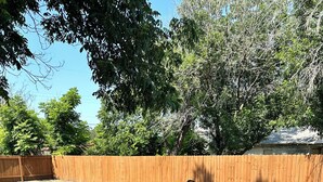 A backyard with a wooden deck, a fire pit, picnic table, and outdoor seating. - Peaceful home with an amazing yard near downtown San Antonio. Pet Friendly! (San Antonio)