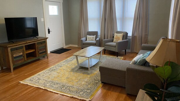 A living room with a flat-screen TV, a coffee table, two sofas, a chair, a lamp, and a potted plant. - Peaceful home with an amazing yard near downtown San Antonio. Pet Friendly! (San Antonio)