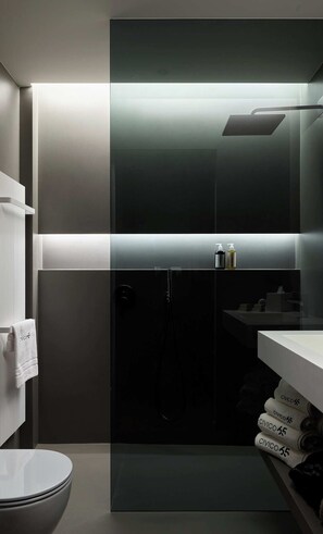 Shower, eco-friendly toiletries, hair dryer, bidet