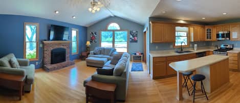 Smart TV, fireplace, video games, DVD player