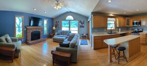 Smart TV, fireplace, video games, DVD player