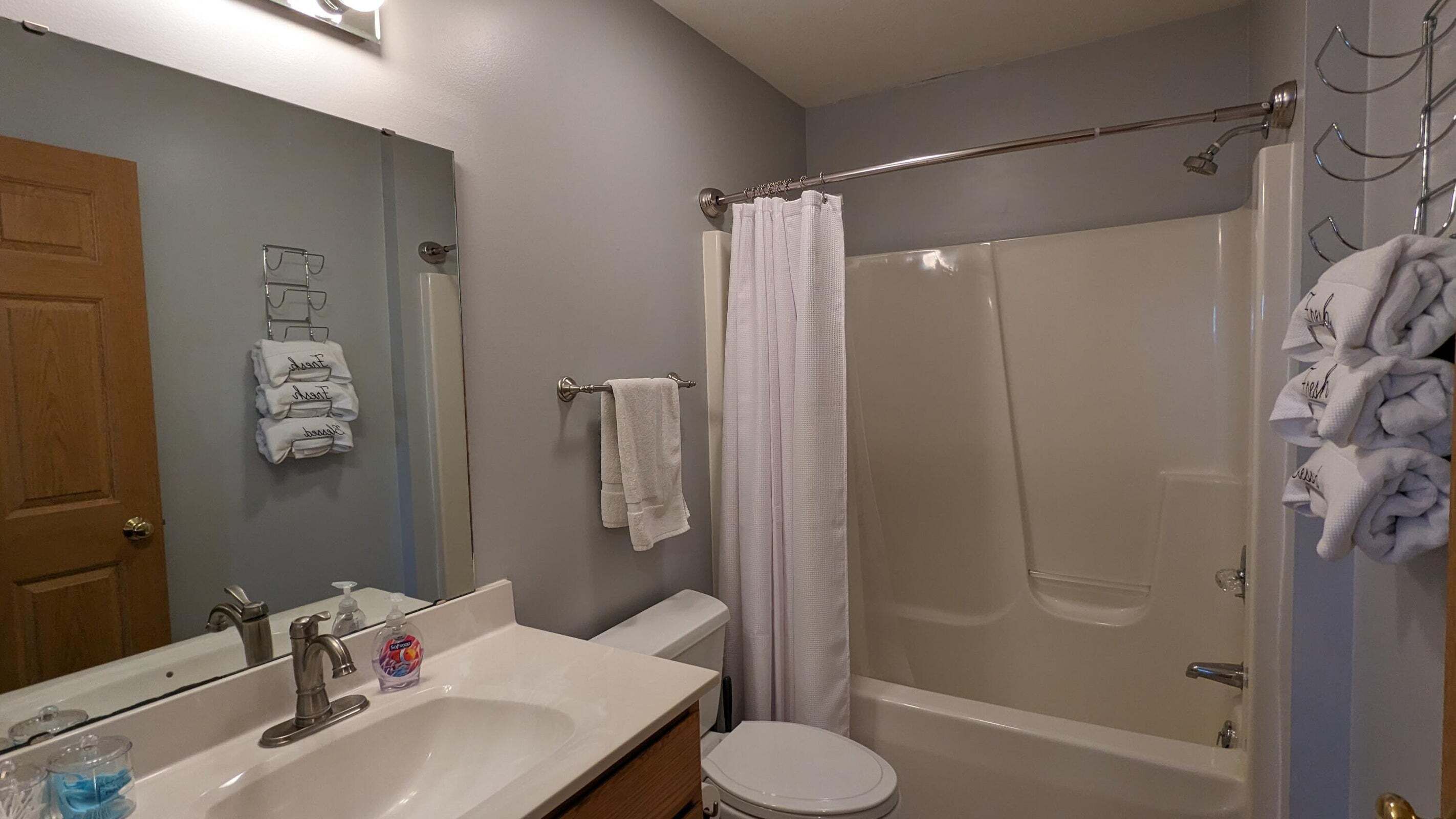 Hair dryer, towels, soap, shampoo