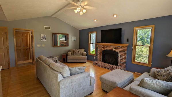 Smart TV, fireplace, video games, DVD player