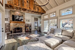 Smart TV, fireplace, books