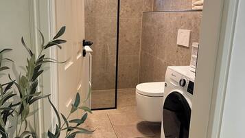 Shower, towels, toilet paper