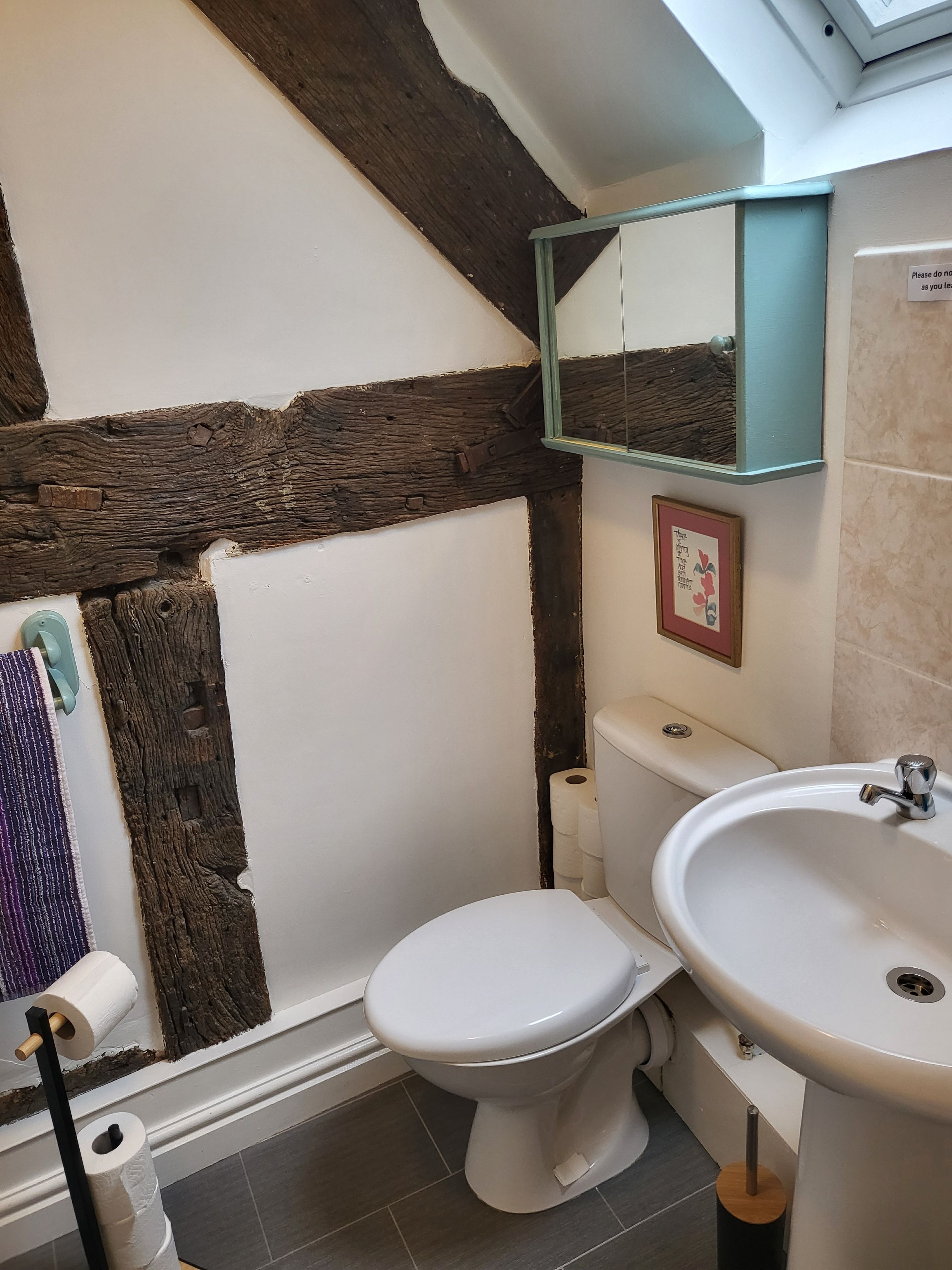 Een badkamer met een wit toilet, een wastafel, een spiegel en een handdoekhouder.