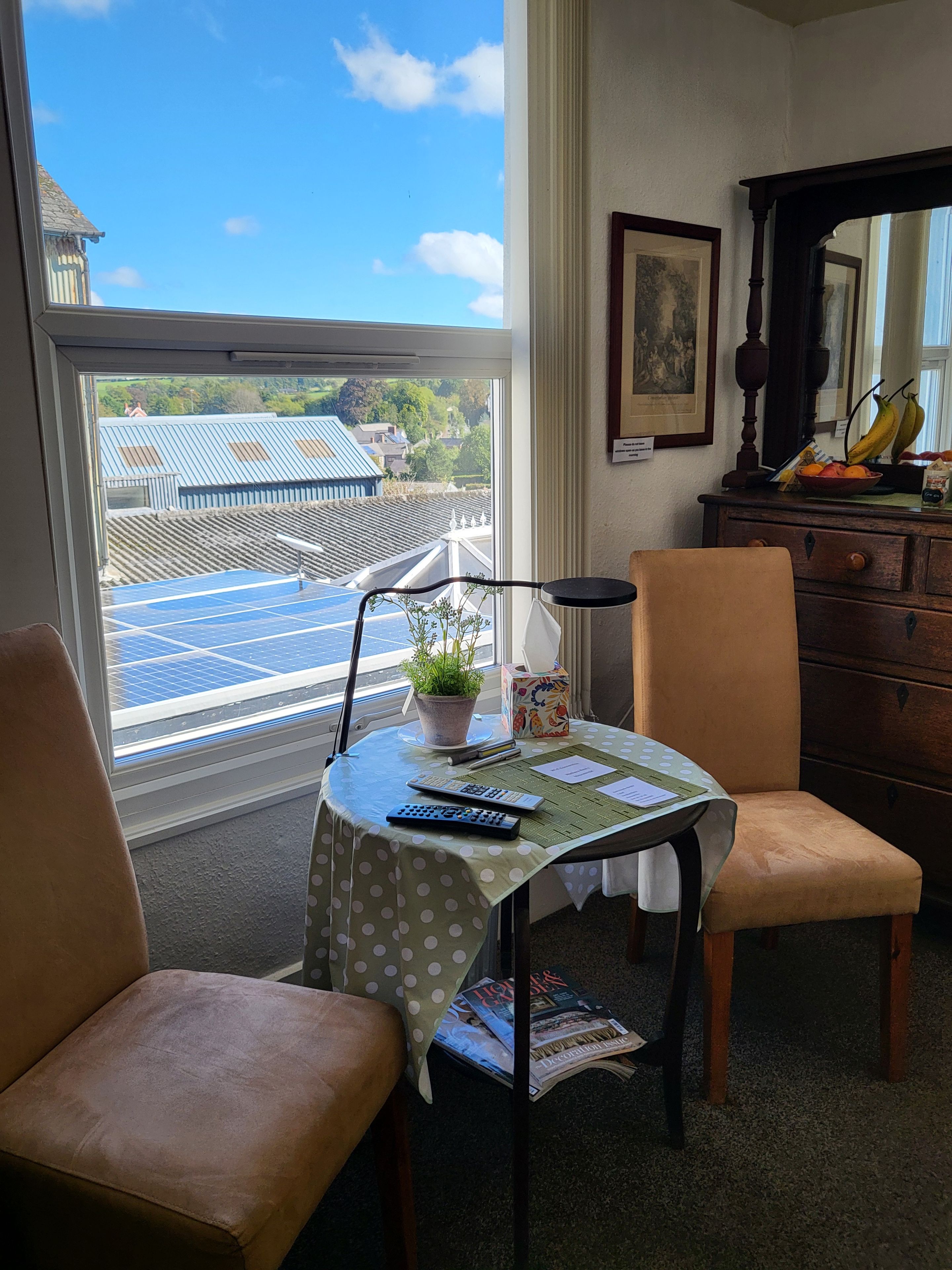 A room with a view of buildings through a window, a table with a polka dot tablecloth, two chairs, a small potted plant, and a dresser with a mirror and fruit.