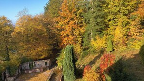 A stone staircase leading up a hill with autumn foliage. - Immensee I Apartment with lake view surrounded by forest (Ronshausen)