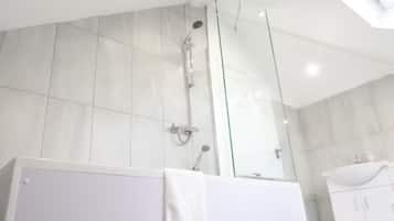 Hair dryer, towels, soap, toilet paper
