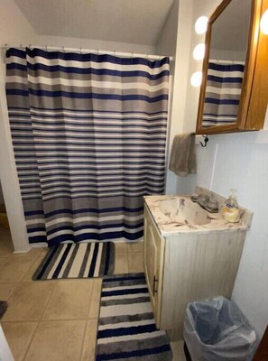 Hair dryer, towels, soap, shampoo