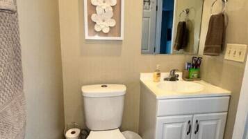 Shower, hair dryer, towels, soap