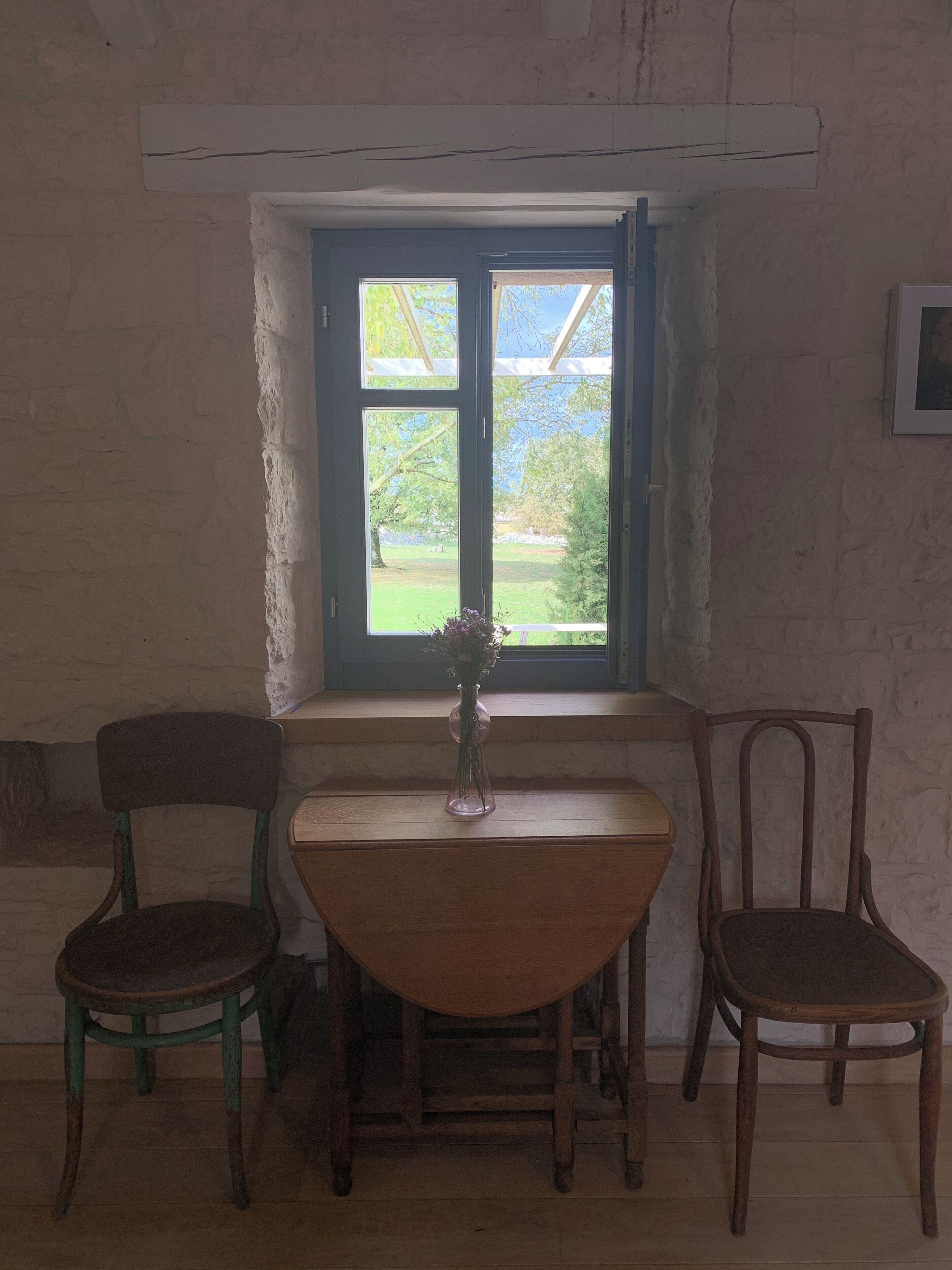 Ein Zimmer im rustikalen Stil mit einem Holztisch, zwei Stühlen, einem Fenster mit Blick auf Grünflächen und einem schlichten Wandbild.