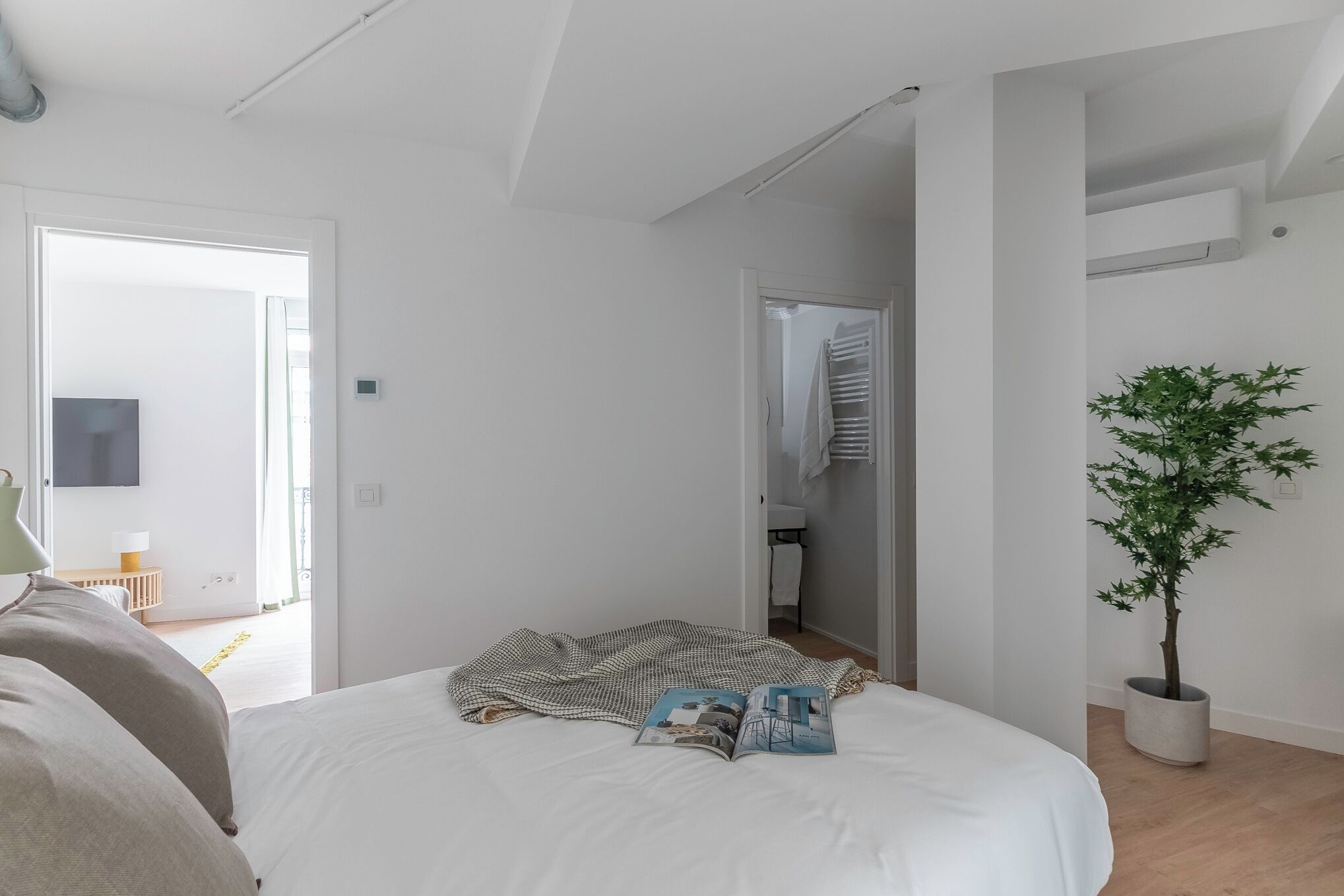 Un dormitorio con cama, una mesita de noche, televisor de pared, planta en maceta y puerta que da al baño.
