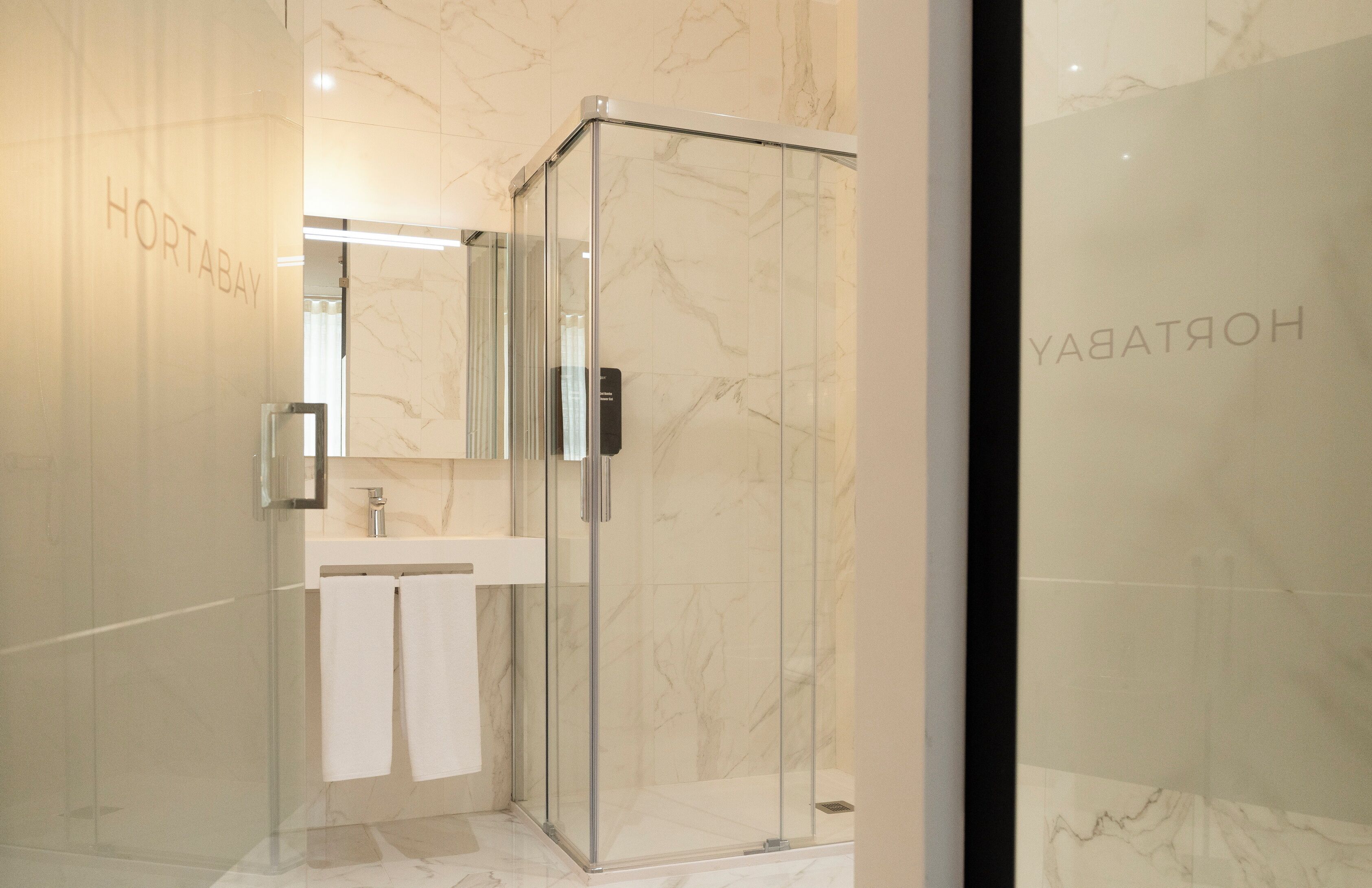 A modern bathroom with a glass shower enclosure, a sink, and a mirror.