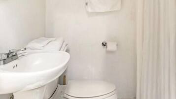 Shower, towels, soap, toilet paper