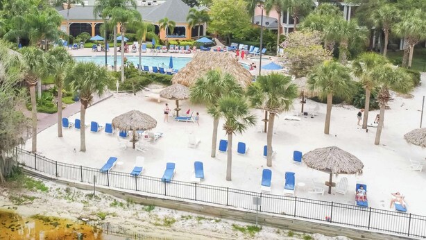 A resort with a pool area, lounge chairs, palm trees, and a small building.