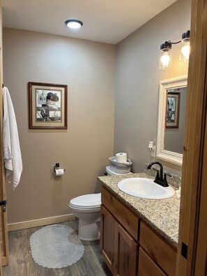 Shower, hair dryer, towels, soap - Beautiful Cabin with View of Private Lake, Hot Tub, Fire Pit & Outdoor Swings! (Vian)