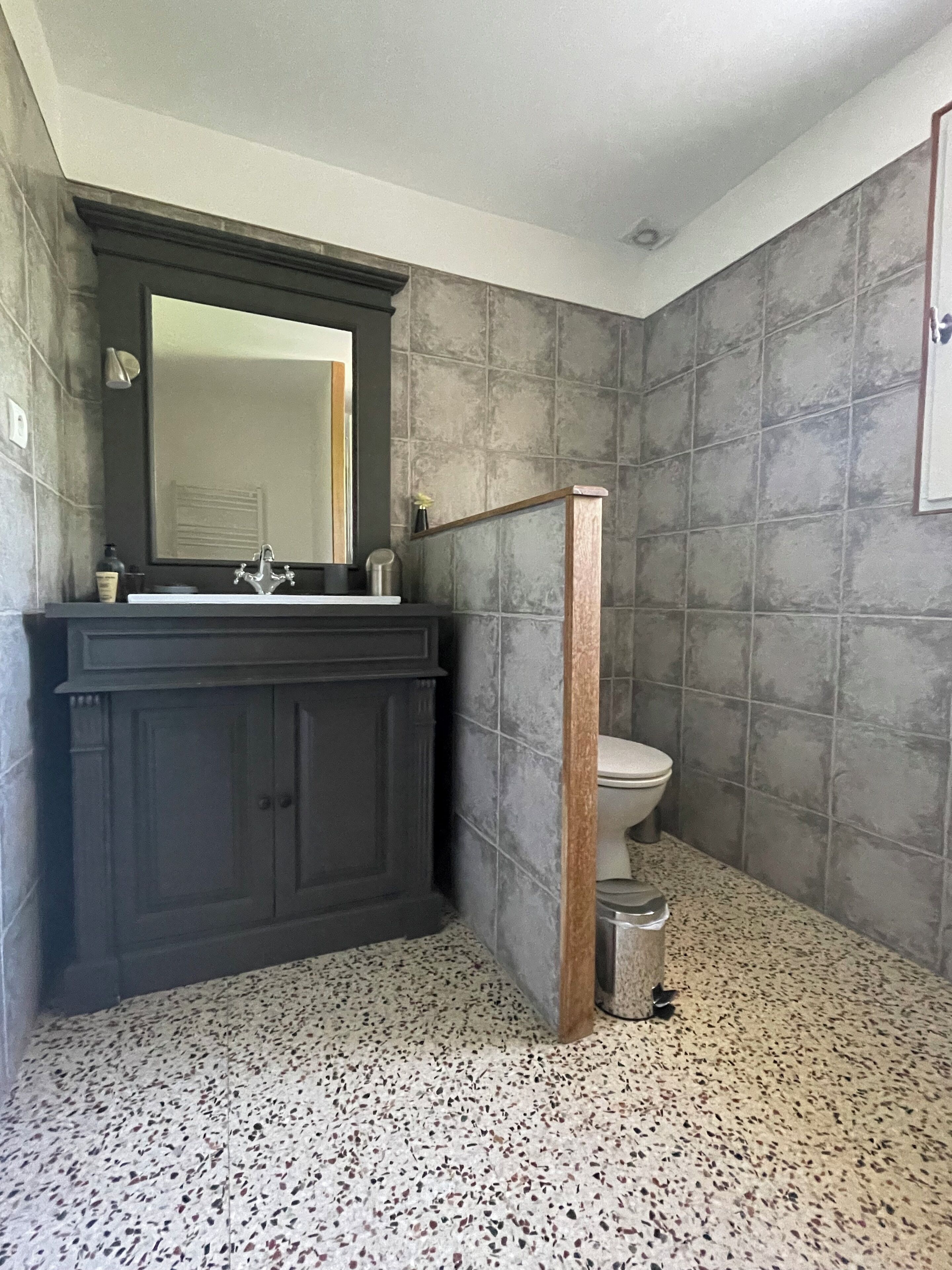 Un baño con tocador oscuro, lavabo, espejo, inodoro y zona de ducha.