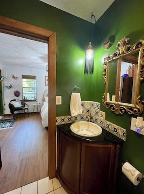 Jetted bath, hair dryer, towels, soap