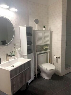 Regadera, toallas, jabón, papel de baño
