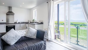 Eine moderne Küche mit Einbauofen und einem großen Fenster mit Blick auf eine Rasenfläche.