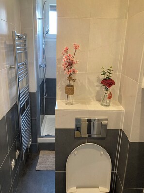 Dusche, Haartrockner, Handtücher, Seife