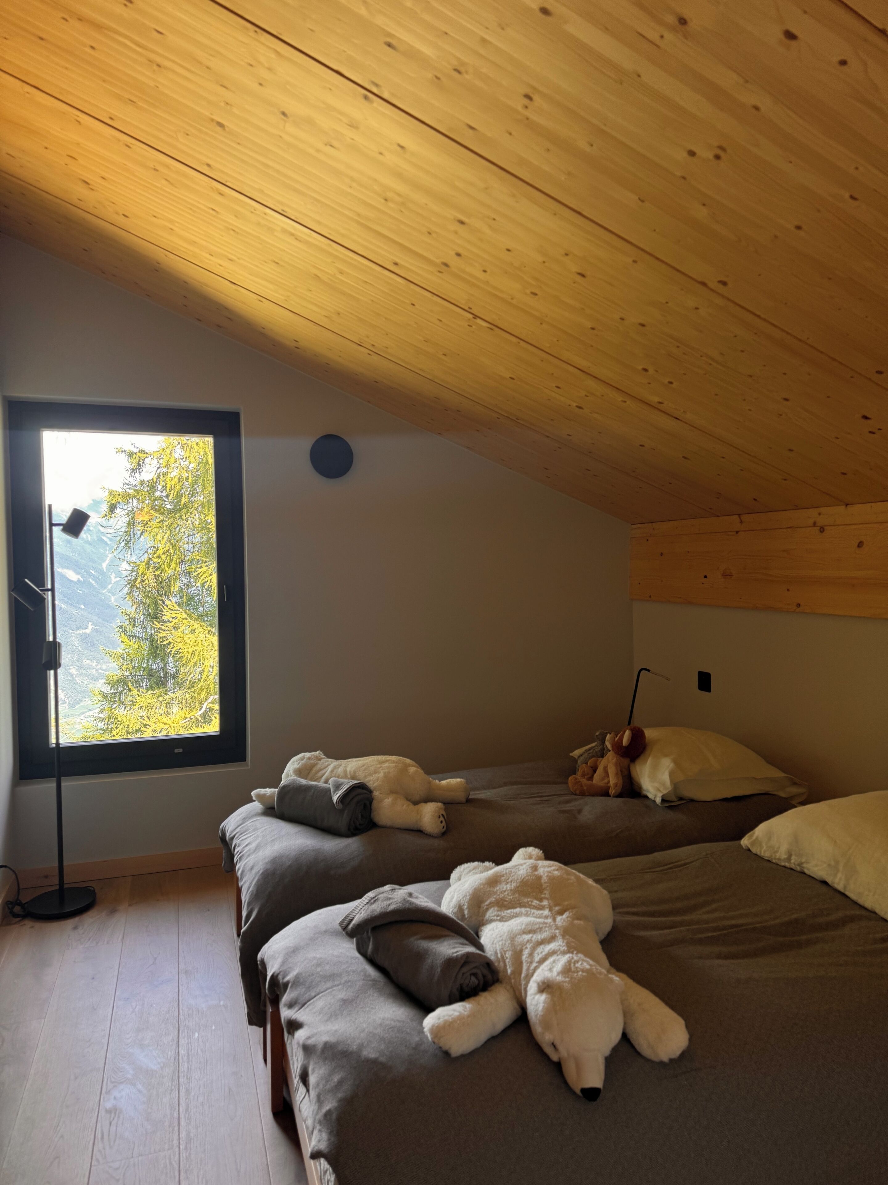 A cozy bedroom with two beds, a window with a view of trees, and a wooden ceiling.