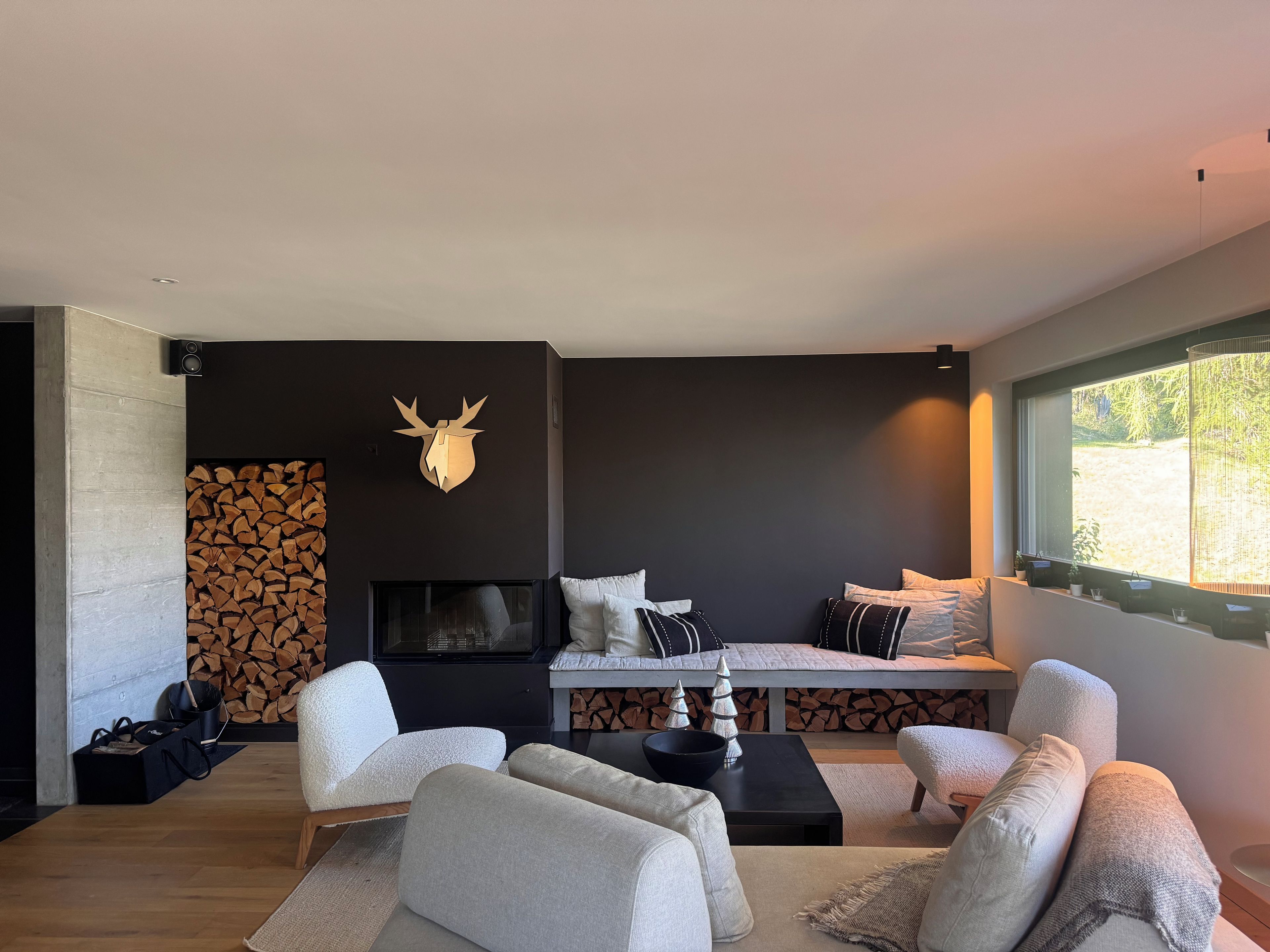 Een moderne woonkamer met een open haard, zithoek en een groot raam.