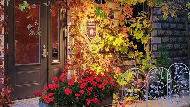A building facade with a stone wall, a door, and a sign with a shield emblem. - Vieux-Old Farnham Appart Condotel1 (Farnham)