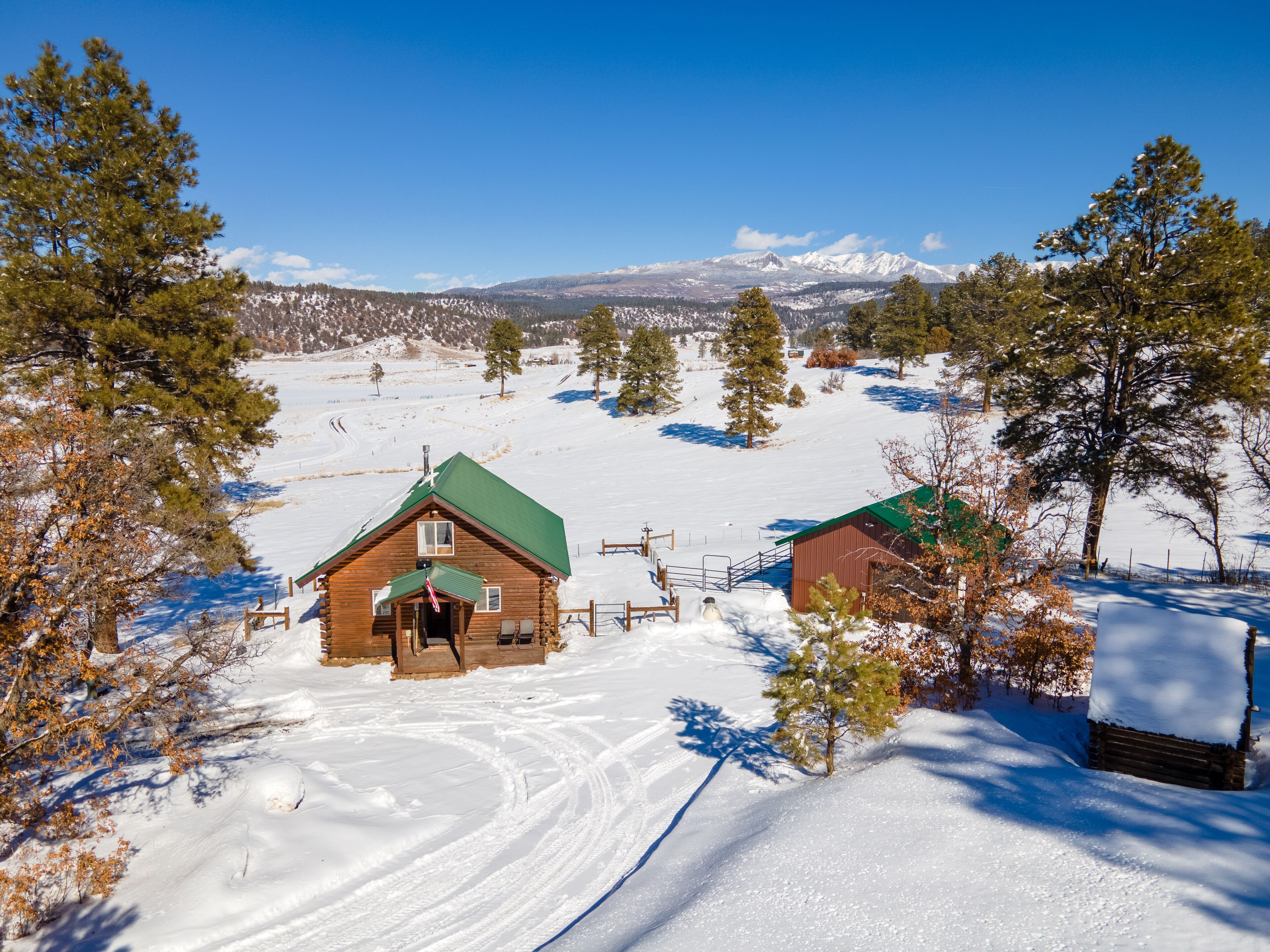 Une cabane en bois, surmontée d’un toit vert, entourée d’un paysage enneigé et d’arbres.