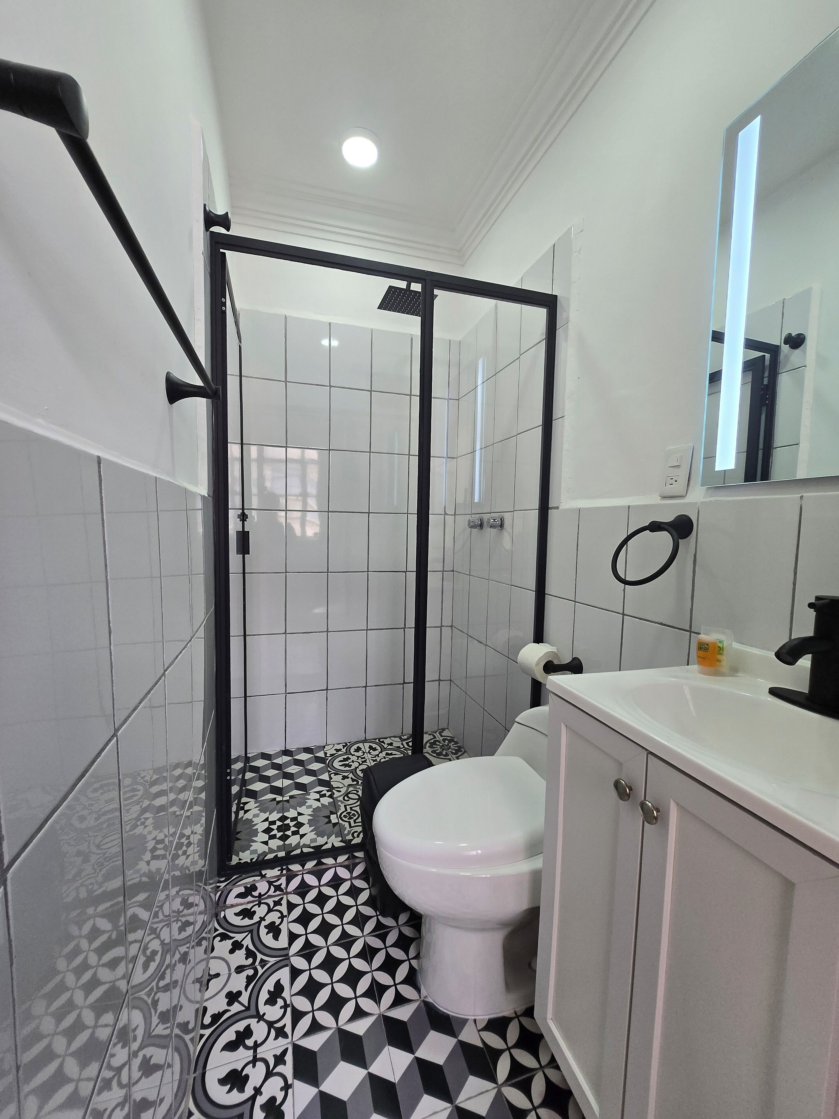 Een badkamer met douche, toilet en wastafel.